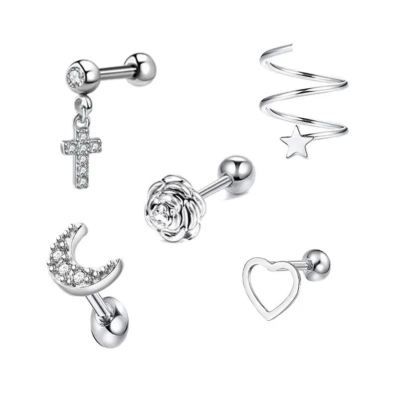 5PCS Star Tragus Stud Earring Set Heart Small Stud Set Lobe Piercing Cartilage Stud Helix Jewelry Cz Barbell Piercing Earrings