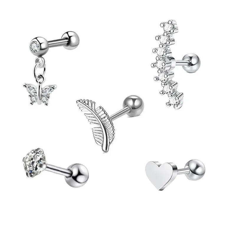 5PCS Star Tragus Stud Earring Set Heart Small Stud Set Lobe Piercing Cartilage Stud Helix Jewelry Cz Barbell Piercing Earrings