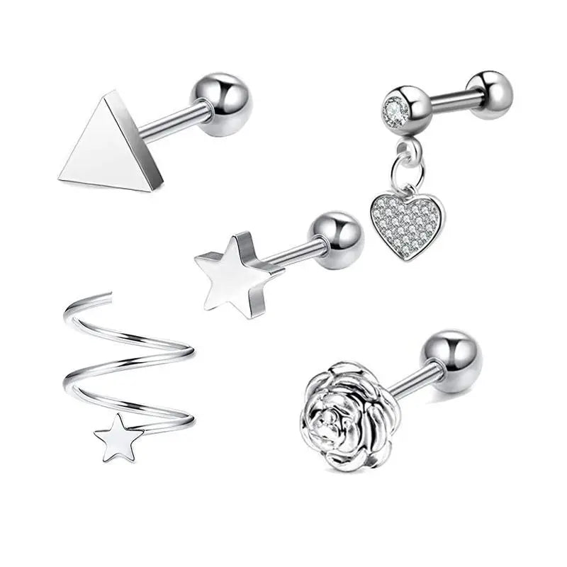 5PCS Star Tragus Stud Earring Set Heart Small Stud Set Lobe Piercing Cartilage Stud Helix Jewelry Cz Barbell Piercing Earrings