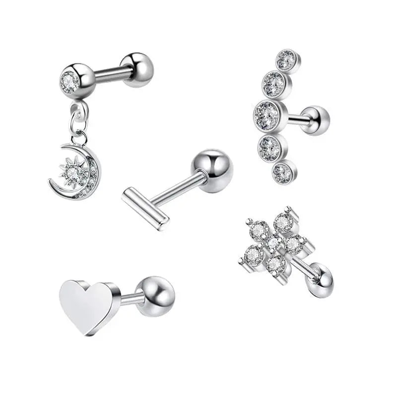 5PCS Star Tragus Stud Earring Set Heart Small Stud Set Lobe Piercing Cartilage Stud Helix Jewelry Cz Barbell Piercing Earrings