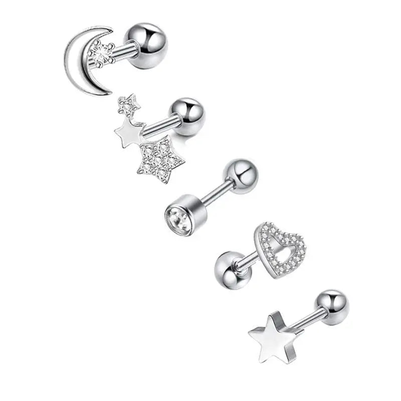 5PCS Star Tragus Stud Earring Set Heart Small Stud Set Lobe Piercing Cartilage Stud Helix Jewelry Cz Barbell Piercing Earrings