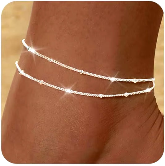 Waterproof Gold Silver Ankle Bracelets for Women 14K Gold Plated Stainless Steel Double Layered Twist Beaded Anklets for Girls