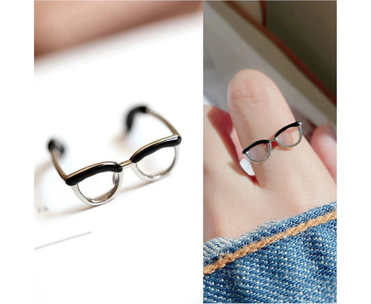 Lady Rings Smooth Opening Girls Adjustable Glasses Shape Finger Ring for Daily Wear - Black