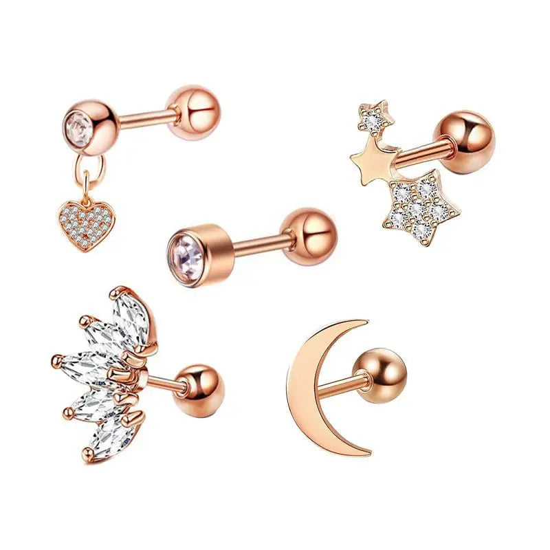 5PCS Star Tragus Stud Earring Set Heart Small Stud Set Lobe Piercing Cartilage Stud Helix Jewelry Cz Barbell Piercing Earrings