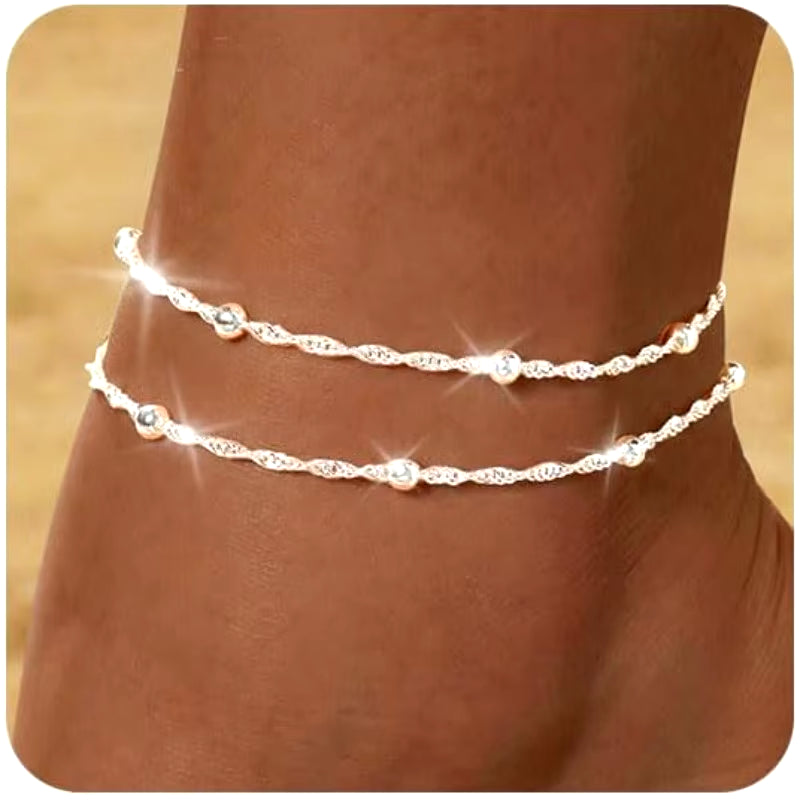 Waterproof Gold Silver Ankle Bracelets for Women 14K Gold Plated Stainless Steel Double Layered Twist Beaded Anklets for Girls