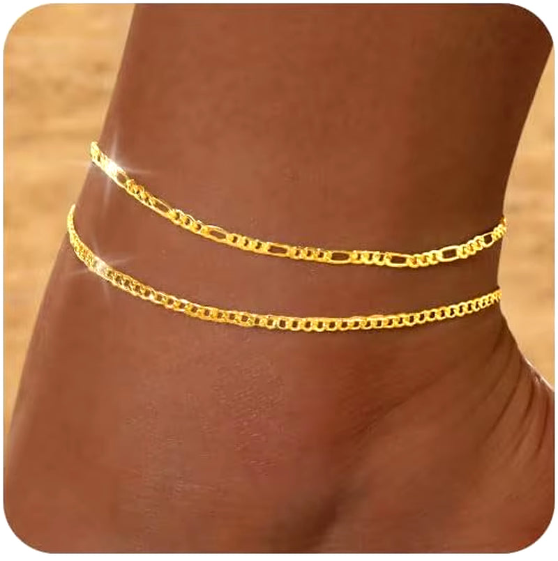 Waterproof Gold Silver Ankle Bracelets for Women 14K Gold Plated Stainless Steel Double Layered Twist Beaded Anklets for Girls