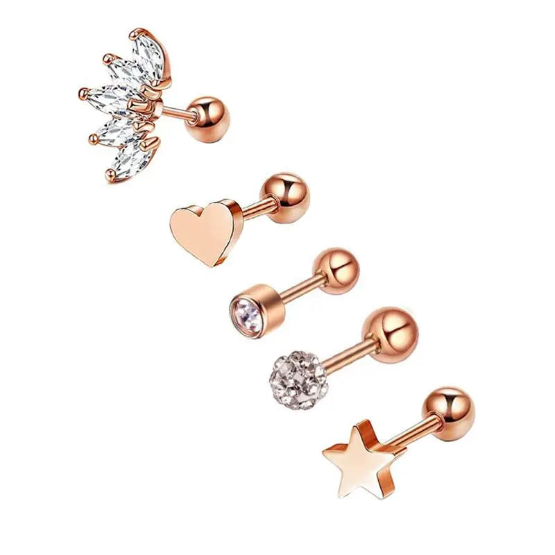 5PCS Star Tragus Stud Earring Set Heart Small Stud Set Lobe Piercing Cartilage Stud Helix Jewelry Cz Barbell Piercing Earrings