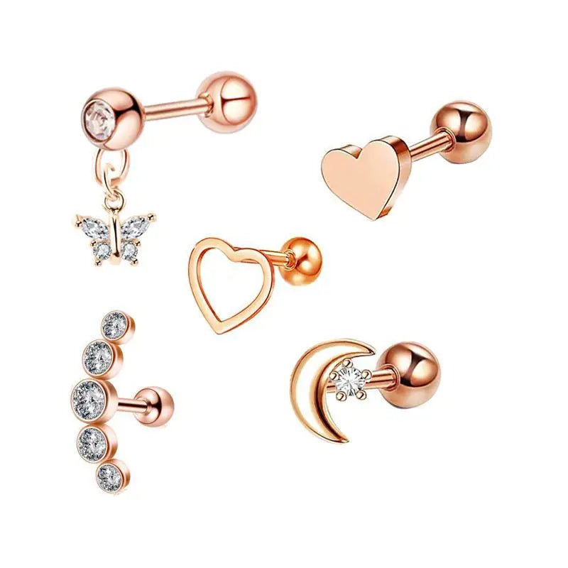 5PCS Star Tragus Stud Earring Set Heart Small Stud Set Lobe Piercing Cartilage Stud Helix Jewelry Cz Barbell Piercing Earrings