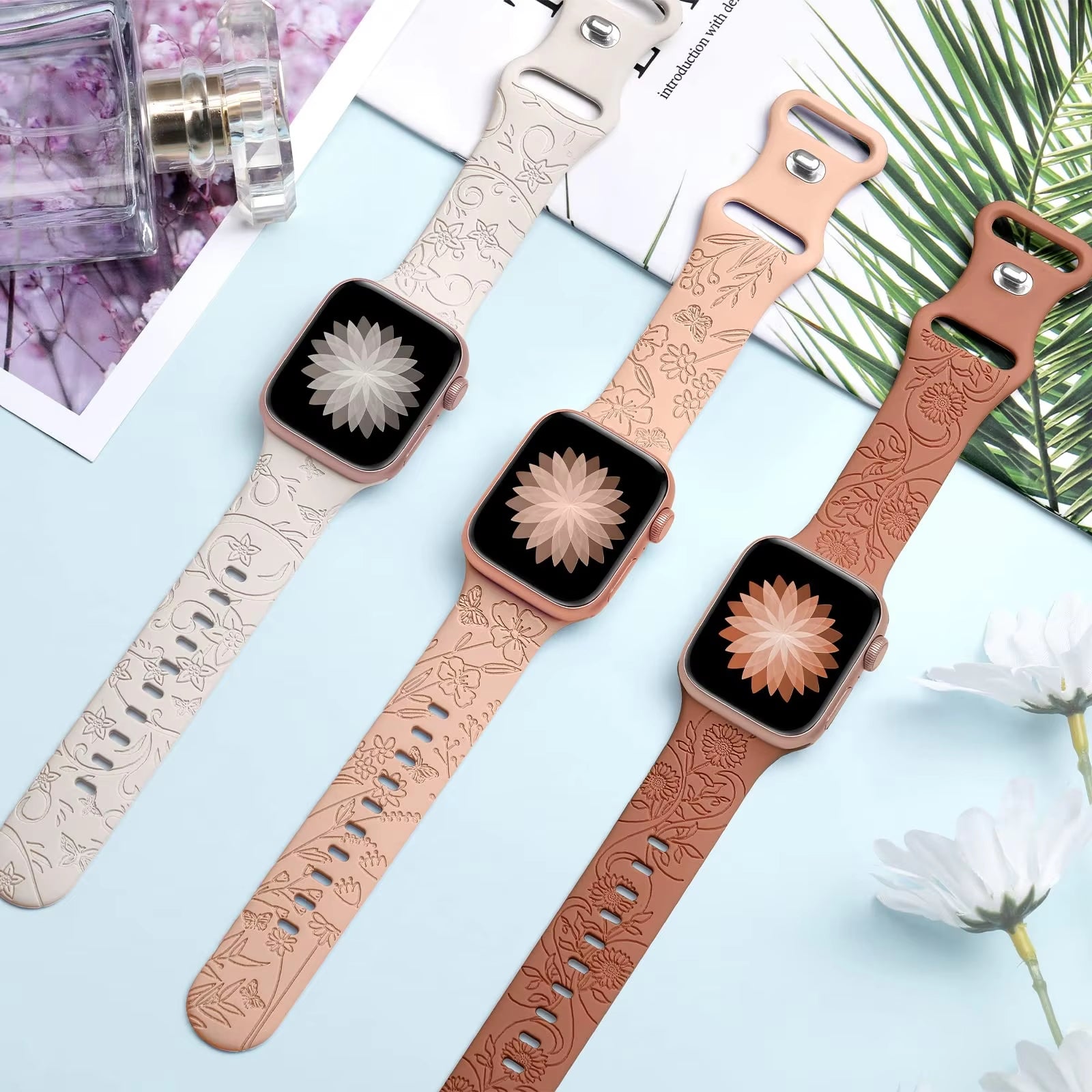 Floral Engraved Strap for Apple Watch Band 40Mm 44Mm