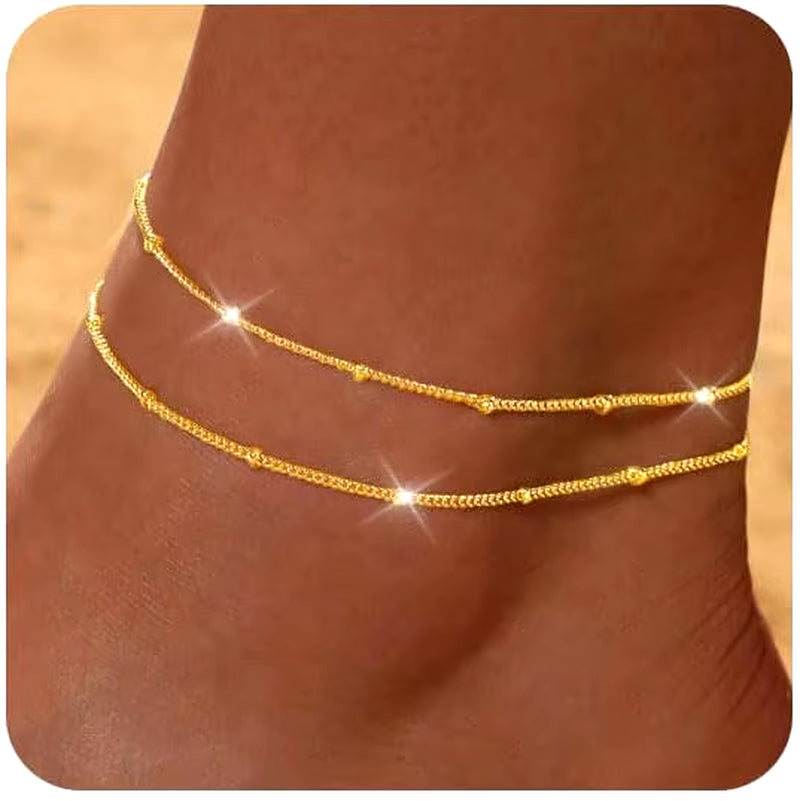 Waterproof Gold Silver Ankle Bracelets for Women 14K Gold Plated Stainless Steel Double Layered Twist Beaded Anklets for Girls