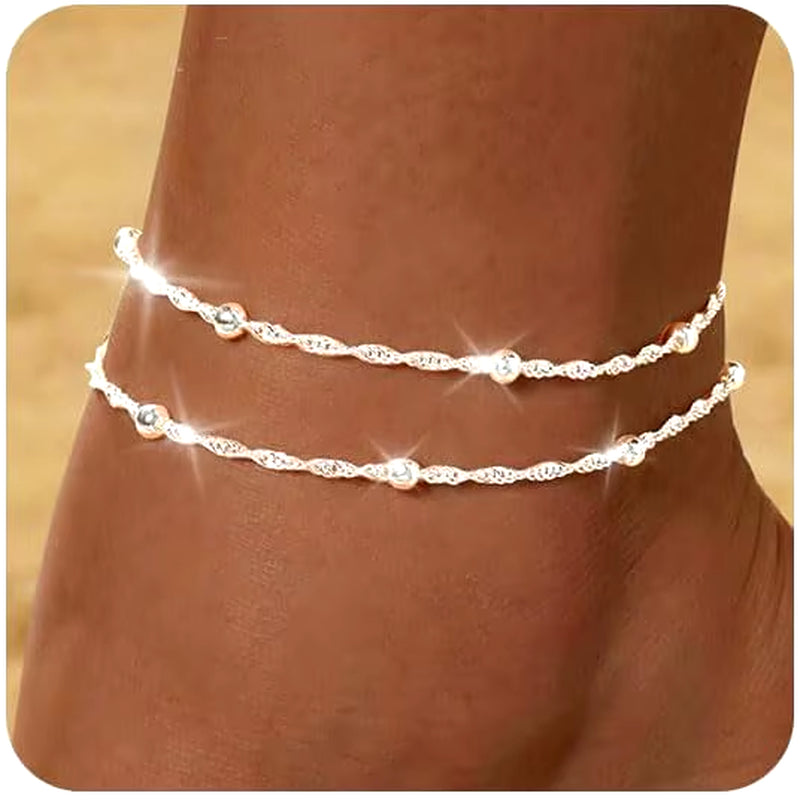 Waterproof Gold Silver Ankle Bracelets for Women 14K Gold Plated Stainless Steel Double Layered Twist Beaded Anklets for Girls