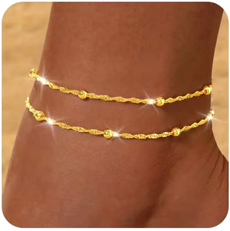 Waterproof Gold Silver Ankle Bracelets for Women 14K Gold Plated Stainless Steel Double Layered Twist Beaded Anklets for Girls