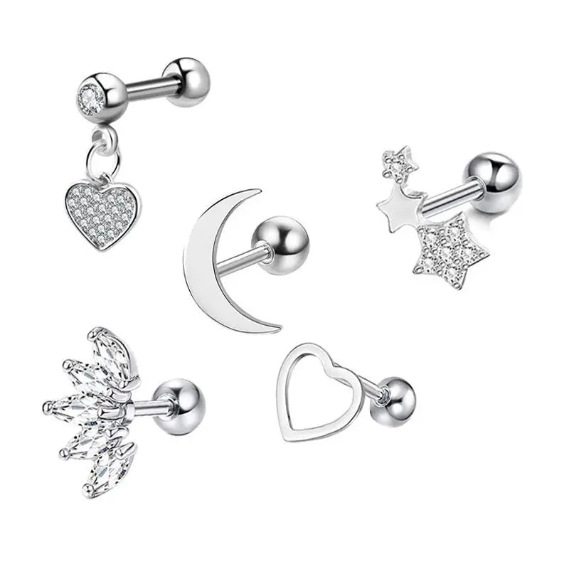 5PCS Star Tragus Stud Earring Set Heart Small Stud Set Lobe Piercing Cartilage Stud Helix Jewelry Cz Barbell Piercing Earrings