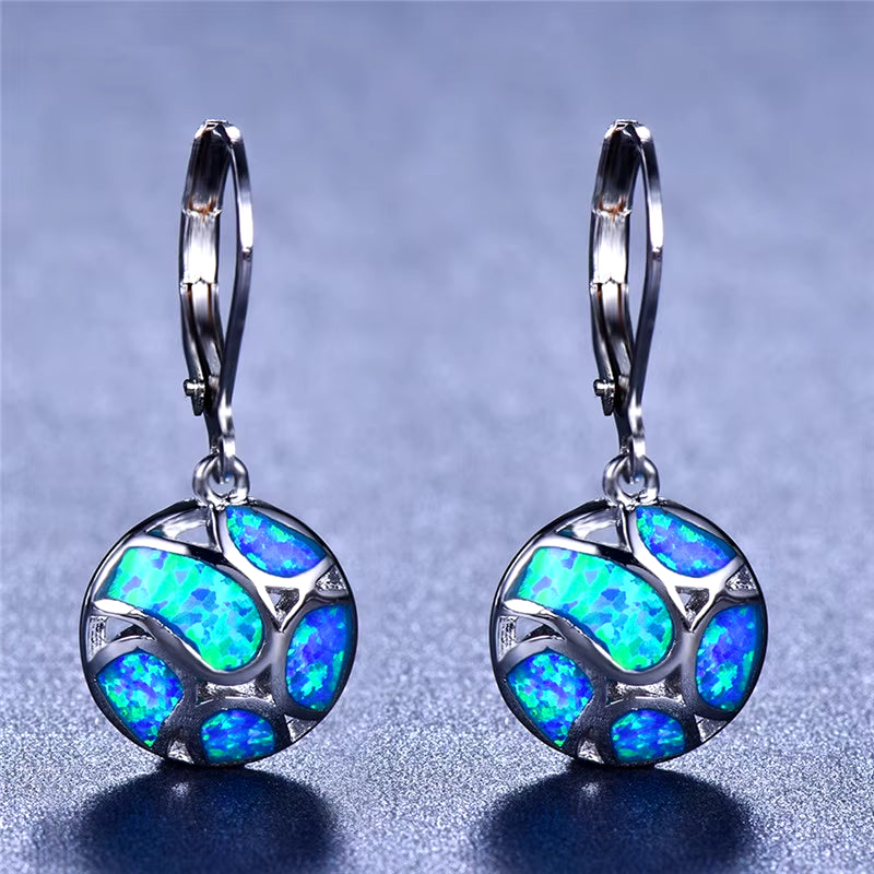 2022 Bohemian Jewelry Blue/White Imitation Fire Opal Long Dangle Earrings for Women Cute round Geometric Pendant Hoop Earrings