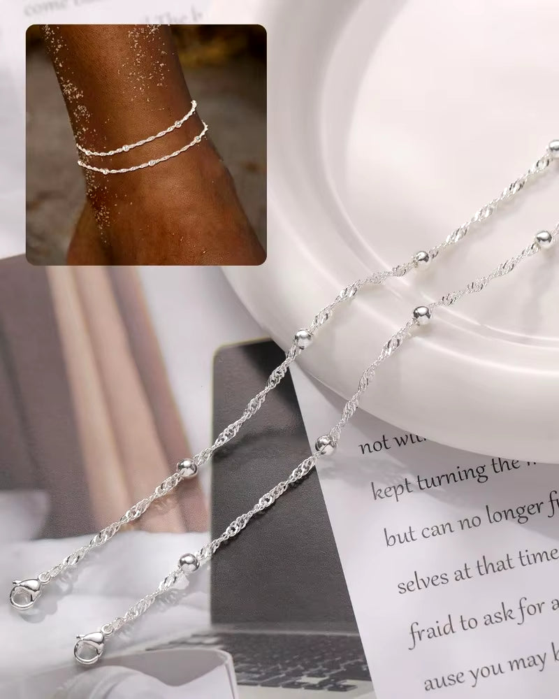 Waterproof Gold Silver Ankle Bracelets for Women 14K Gold Plated Stainless Steel Double Layered Twist Beaded Anklets for Girls